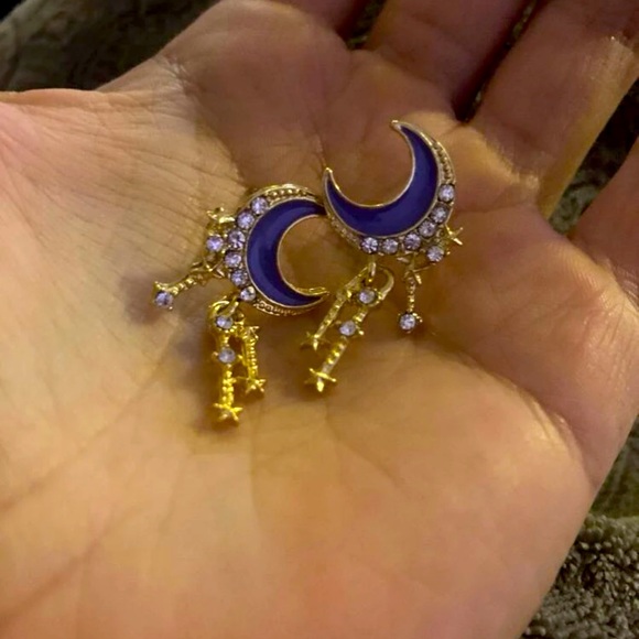 Crystal Star Tassel & Purple Crescent Moon Gold-tone Dangle Boho Earrings - Picture 3 of 4